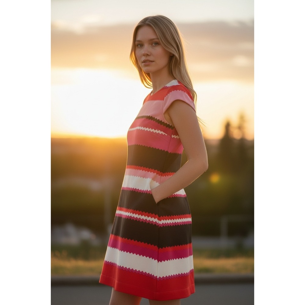 Julian Taylor New York Pink Red Striped Zigzag Shift Dress with Pockets Size 10